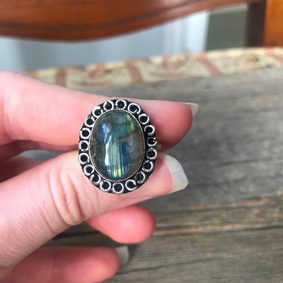 Sterling silver plated labradorite cocktail ring oval scrollwork boho jewelry - Picture 10 of 12